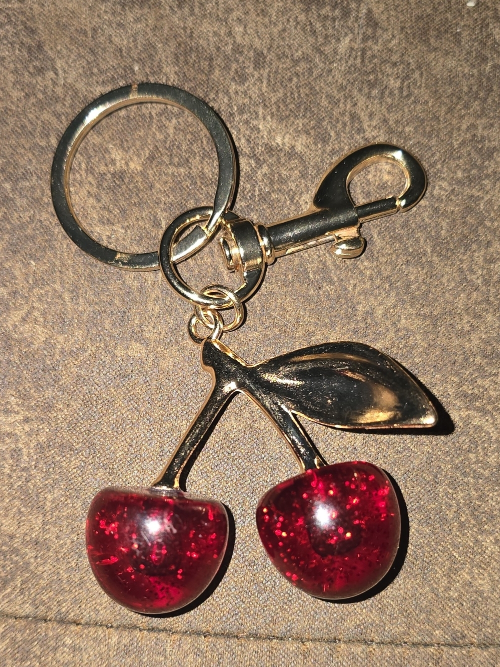 NWOT Glitter Cherry Bag Charm Keychain Gold Red Coquette